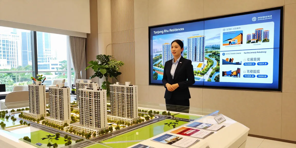 Tanjong Rhu Residences showcasing modern real estate features with agent presenting to buyers in a stylish showroom.