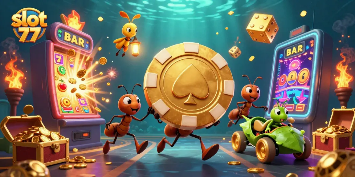 Join the thrilling action at slot 77 with energetic ants and sparkling casino elements!