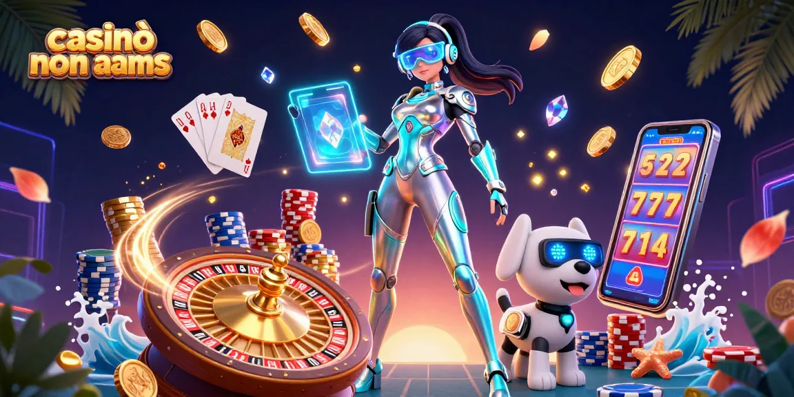 Interagisci con i casinò non AAMS tramite un'illustrazione futuristica in 3D che mostra una donna, un cane robot e dinamici elementi da casinò.