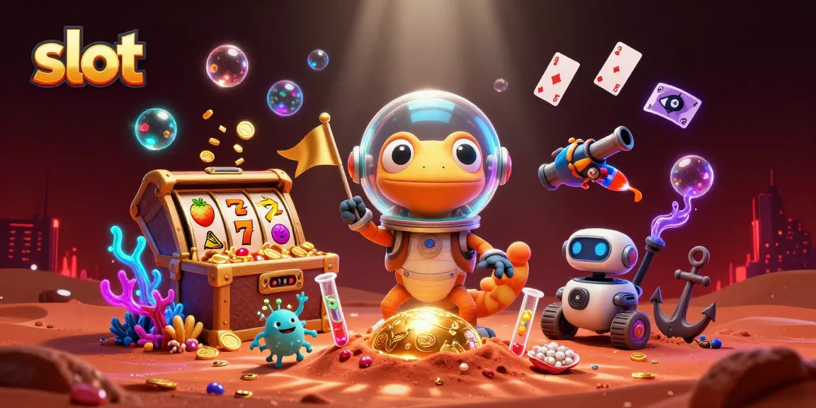 Spin slots with the Martian gecko discovering a buried casino in a dynamic 3D scene.