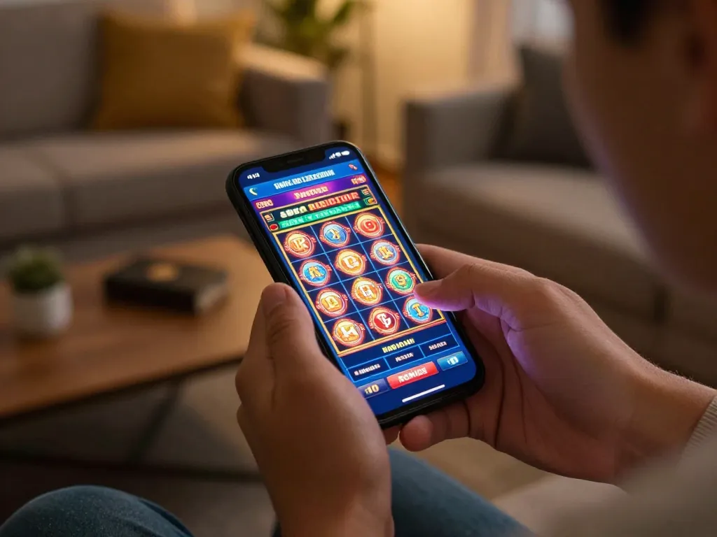 Engaging gameplay on a casino online senza registrazione, featuring virtual slots on smartphone screen in a cozy setting