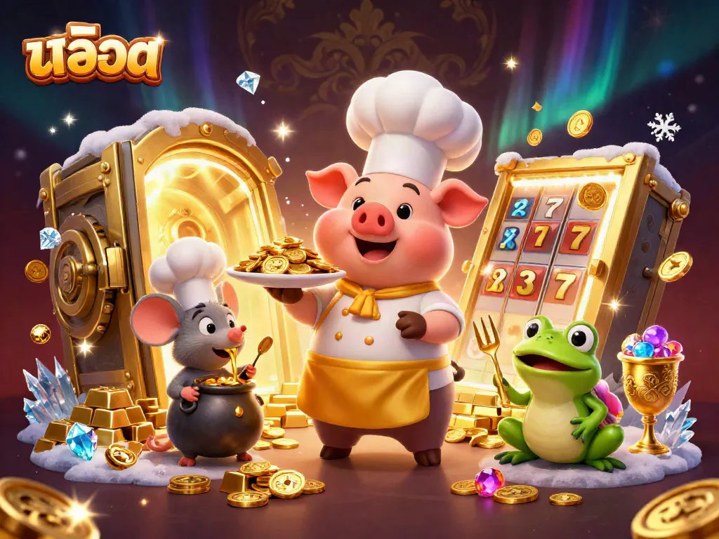 สัมผัสความสนุกของสล็อตภายในภาพประกอบ 3D สุดอลังการที่มีหมูเชฟเสิร์ฟเหรียญทอง