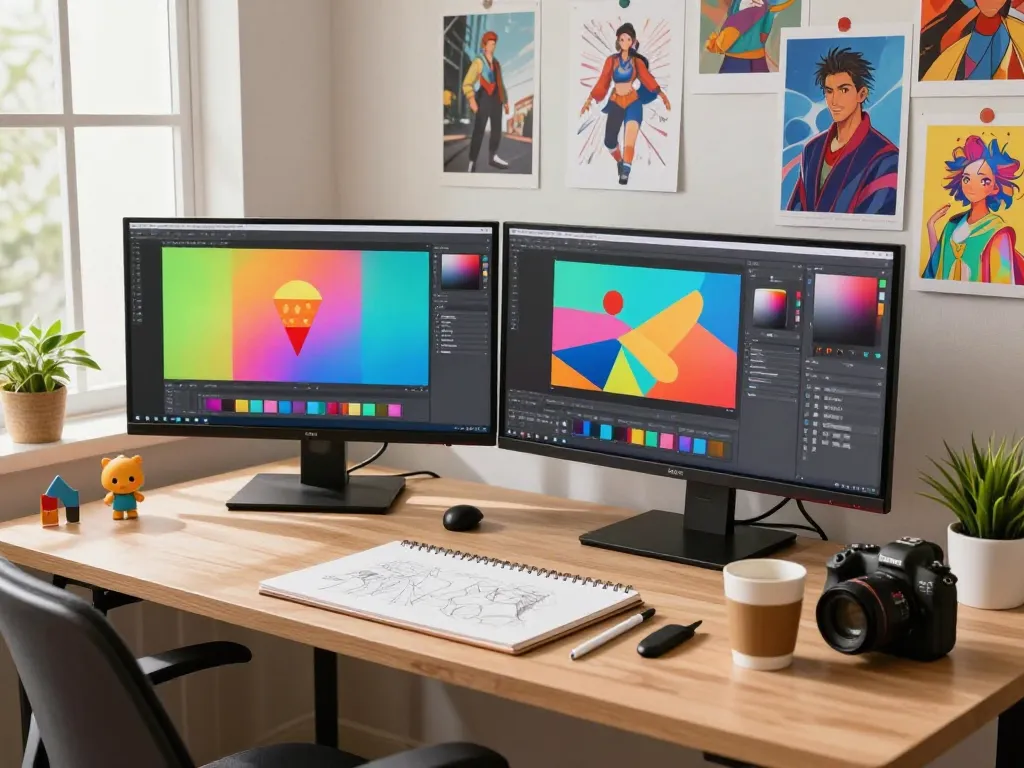 Artist using nano banana 2 AI editor in a creative workspace, showcasing vibrant images.