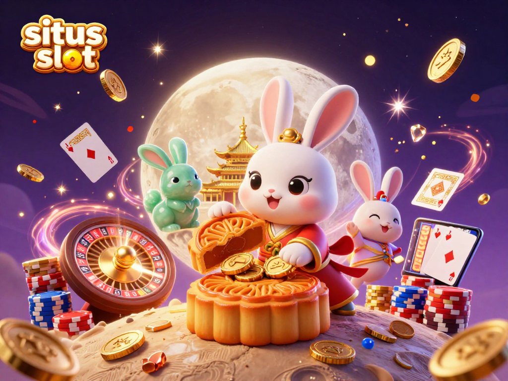 Engage with the situs slot resmi as golden coins and poker chips surround the moon rabbit in an enchanting casino scene.
