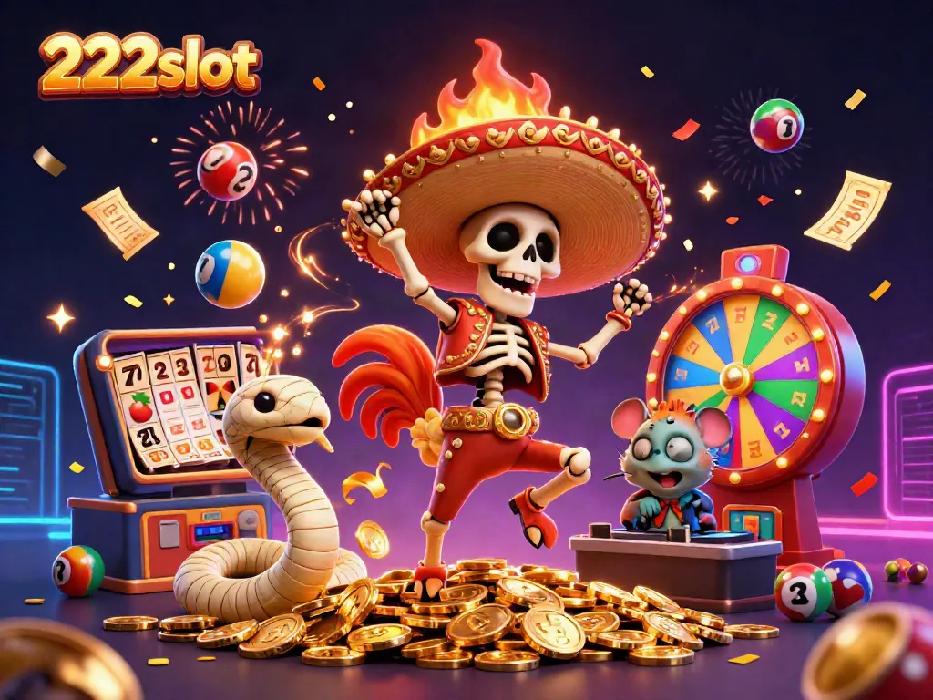 Gambaran penuh warna tentang 222slot dengan karakter unik seperti ayam mariachi, ular mumi, dan hamster DJ yang merayakan di kasino.