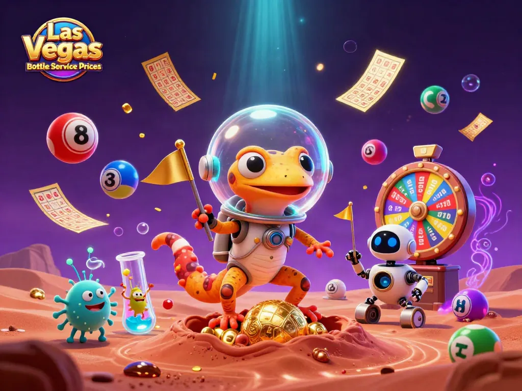 Experience Las Vegas Bottle Service Prices with an engaging scene featuring a Martian gecko and vibrant casino elements.