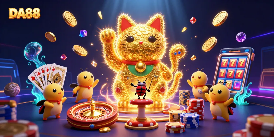 Engage with DA88's dynamic casino world as golden fireflies form a lucky cat amidst coins and gems.