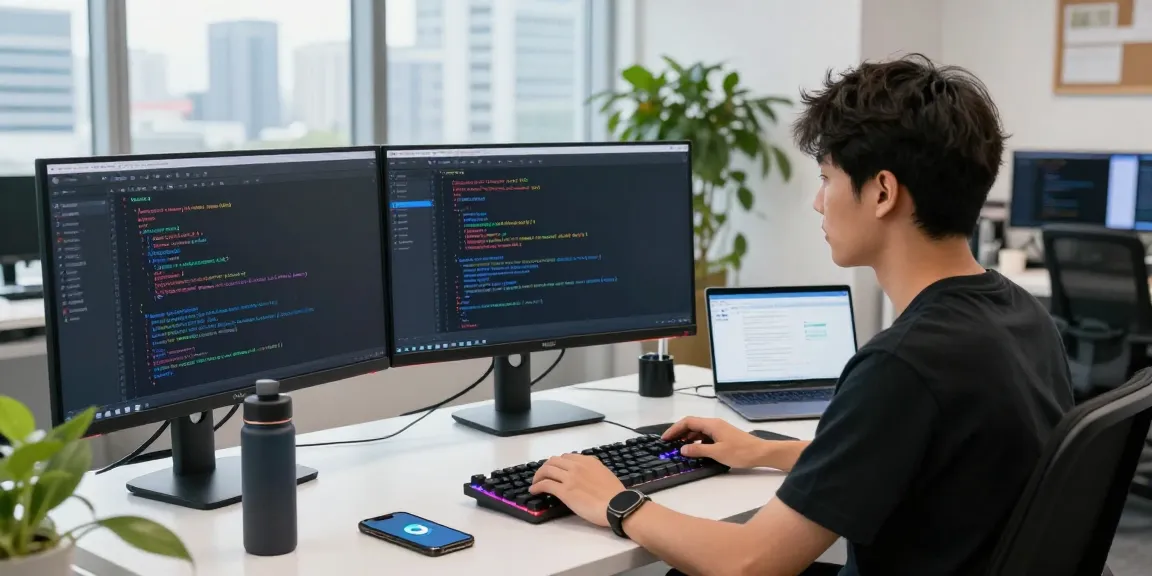 Developing Telegram中文 interface in a modern tech workspace with dual monitors.