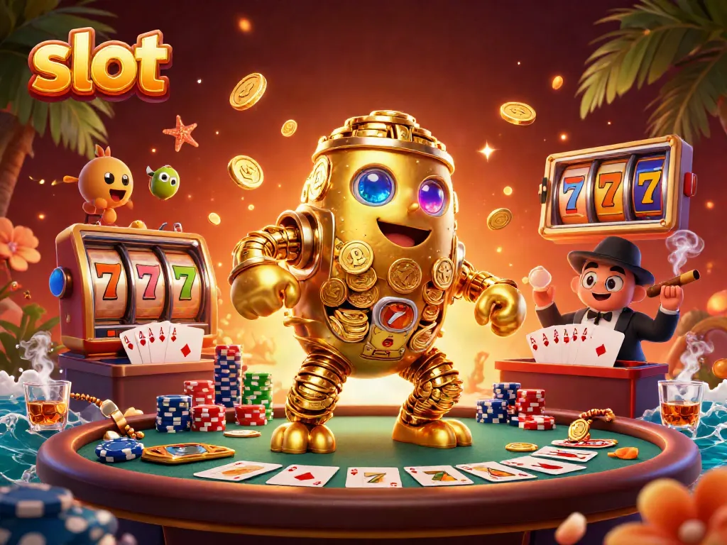 Mengungkap strategi slot di GWP168 dengan ilustrasi golem emas 3D dan simbol jackpot yang mengelilinginya.