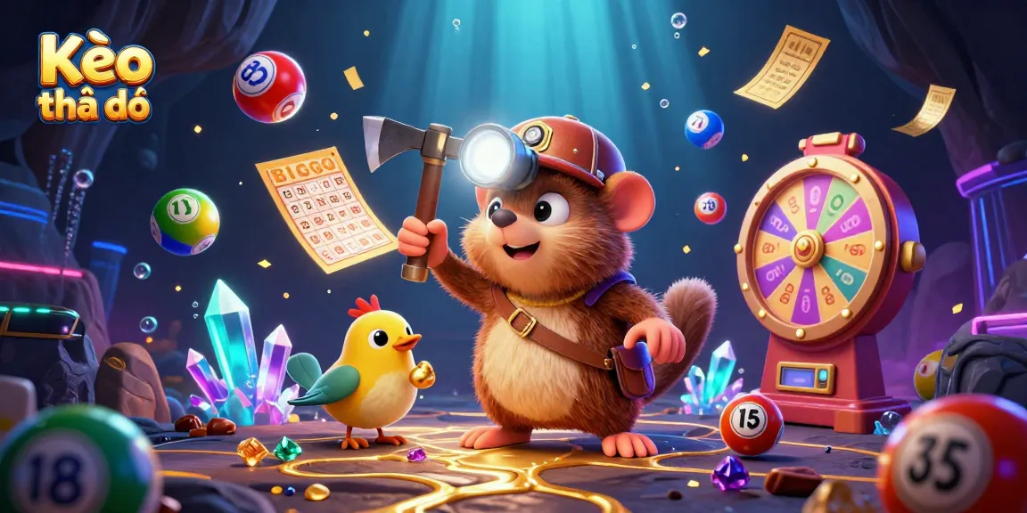 Engage with Kèo thẻ đỏ through this dynamic 3D illustration featuring a treasure hunter and vibrant lottery elements.