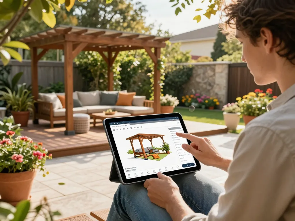 Homeowner using pergola configurator software on a tablet, designing a custom pergola in a landscaped yard.