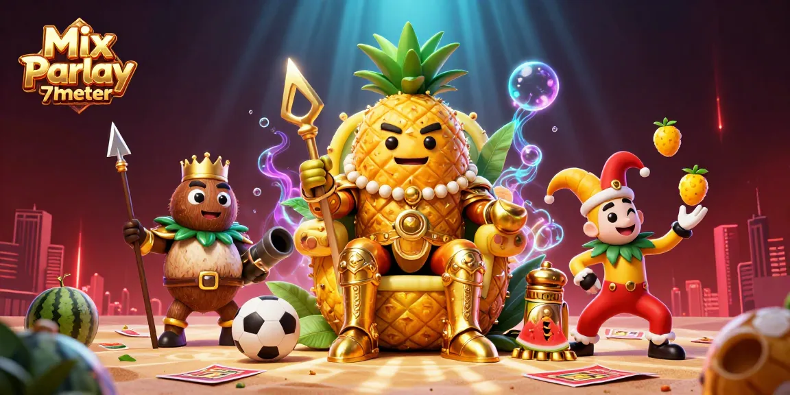 Engage in Mix Parlay 7meter sports betting with a vibrant casino-themed illustration showcasing energetic characters and dynamic elements.