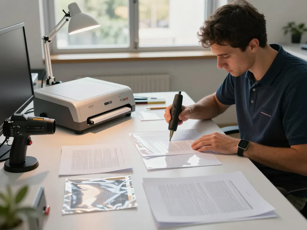 Expert technician performing bóc ép plastic on important documents with precision and care.