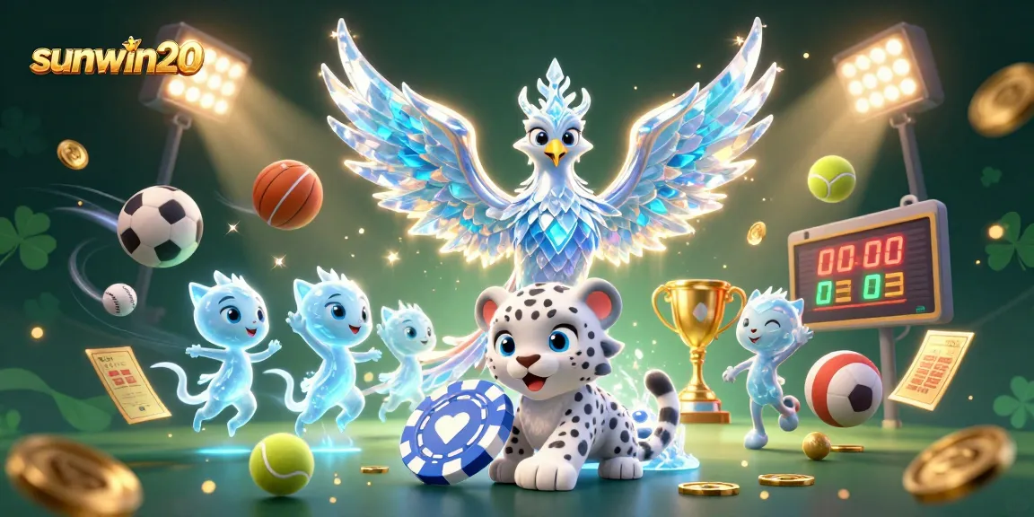 Play exciting games and win with sunwin20 featuring a glowing ice phoenix and vibrant casino elements.