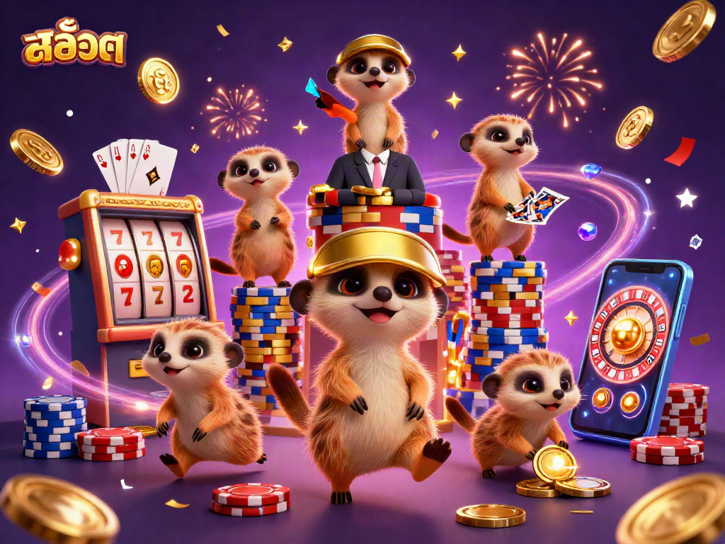 Experience an exciting สล็อต adventure with animated meerkats managing a vibrant casino scene.