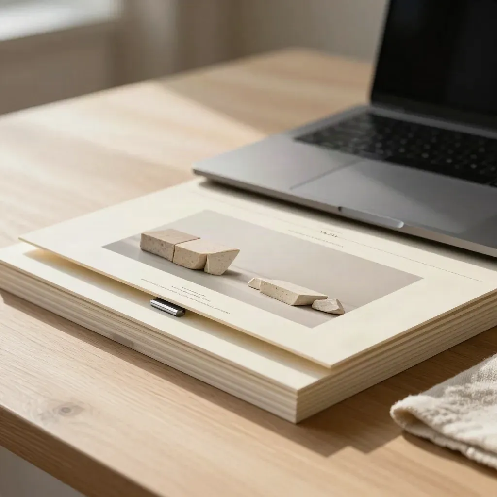 Layered cream boards, stone blocks, and a closed matte-black laptop on pale wood.