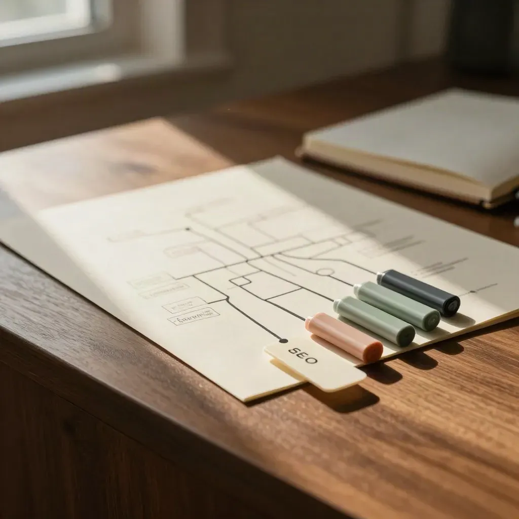 Overhead SEO setup still life with tabs, notebook, and colored tokens on walnut