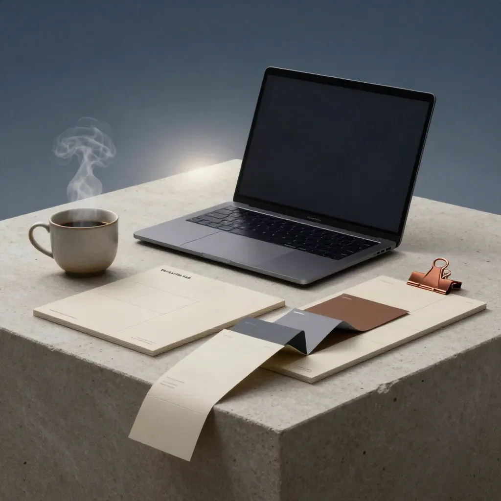 Cinematic stone plinth tableau with laptop, coffee cup, layout boards, copper clips and swatches.