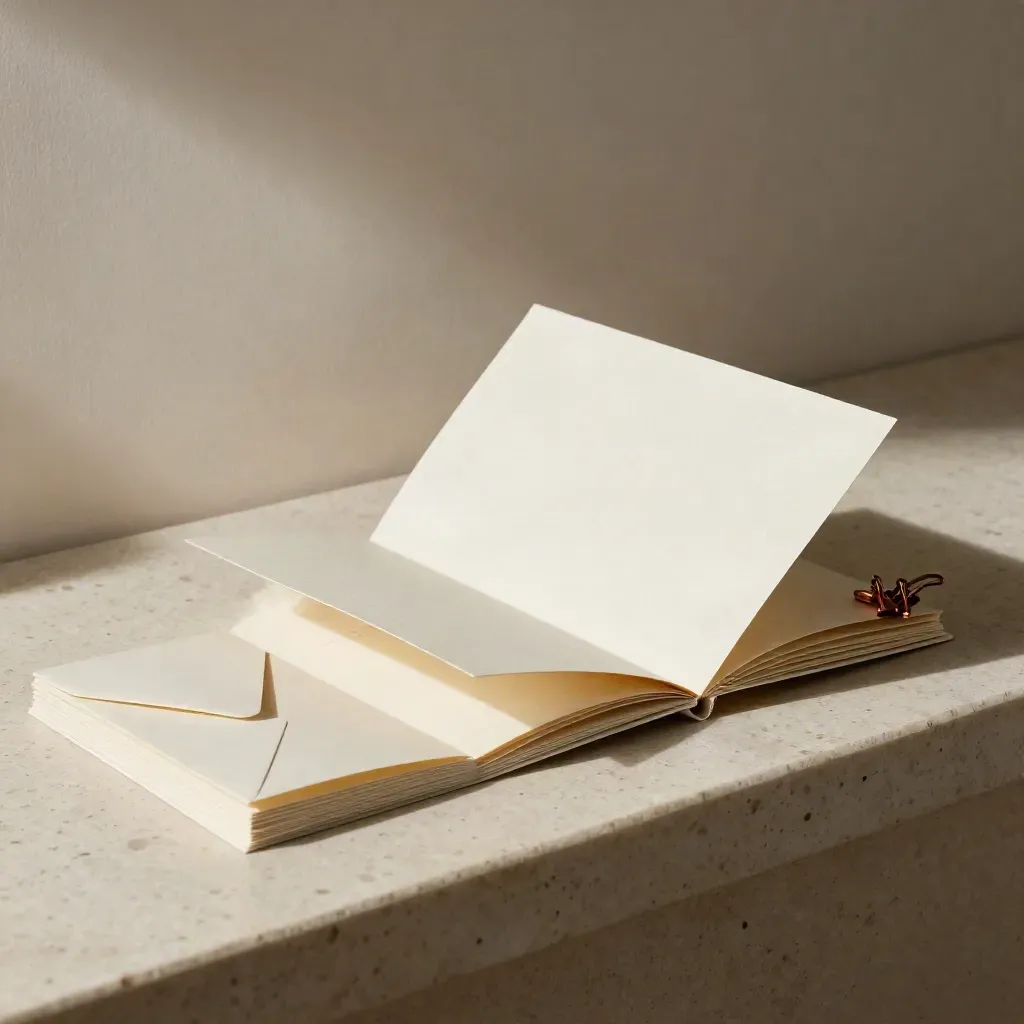 Accordion landing-page mockup with copper clip, ad cards, and proof envelope on travertine.