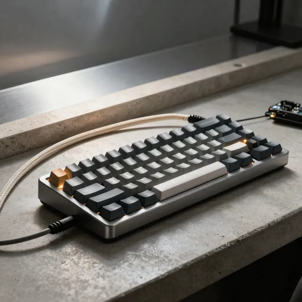 Diagonal build bench with cables, keyboard, circuit board, and external drive.