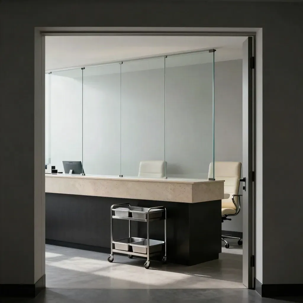 Empty modern clinic reception with stone counter, frosted glass, and organized waiting chairs.