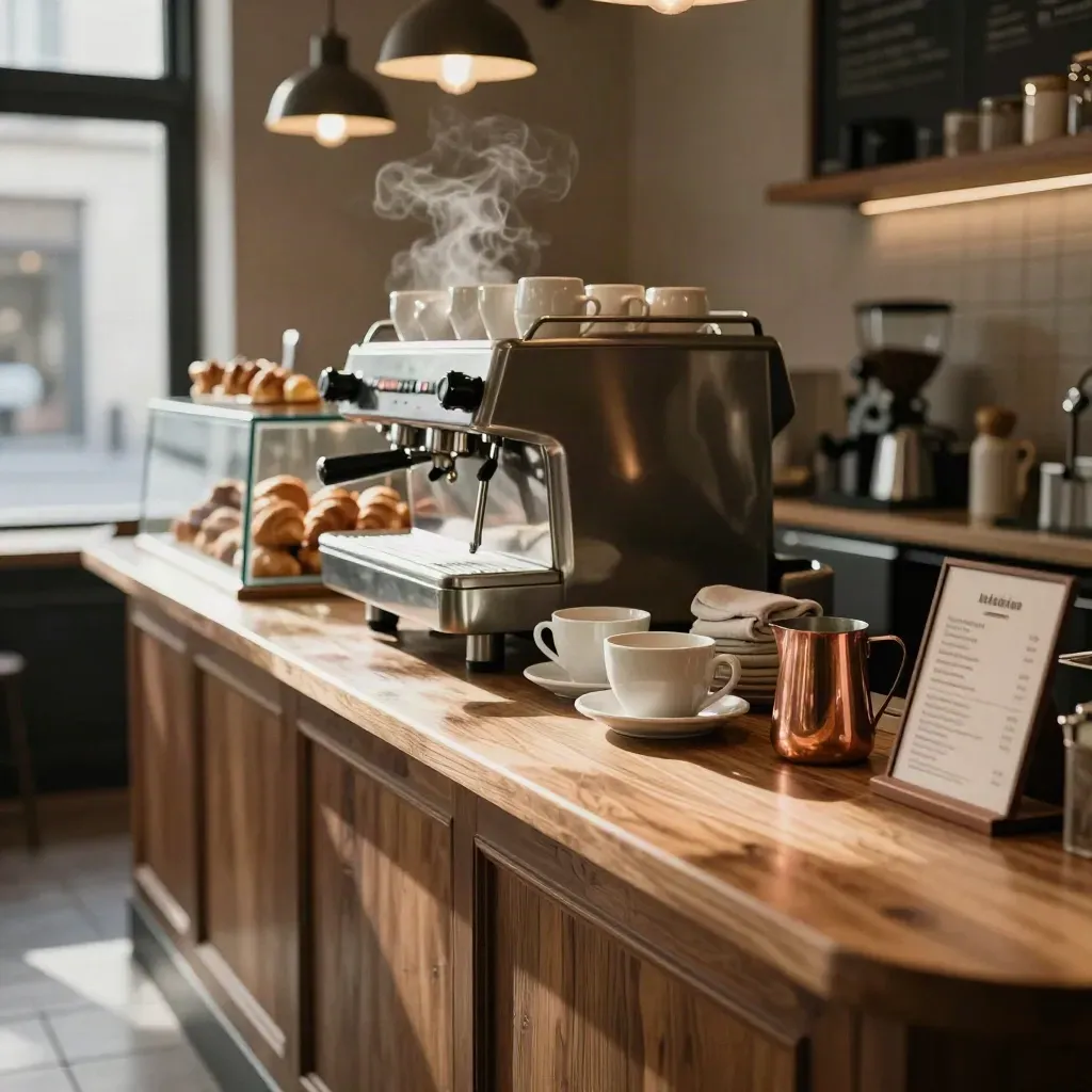 Empty café interior with espresso machine, pastry case, oak counter, cups, and warm steam.