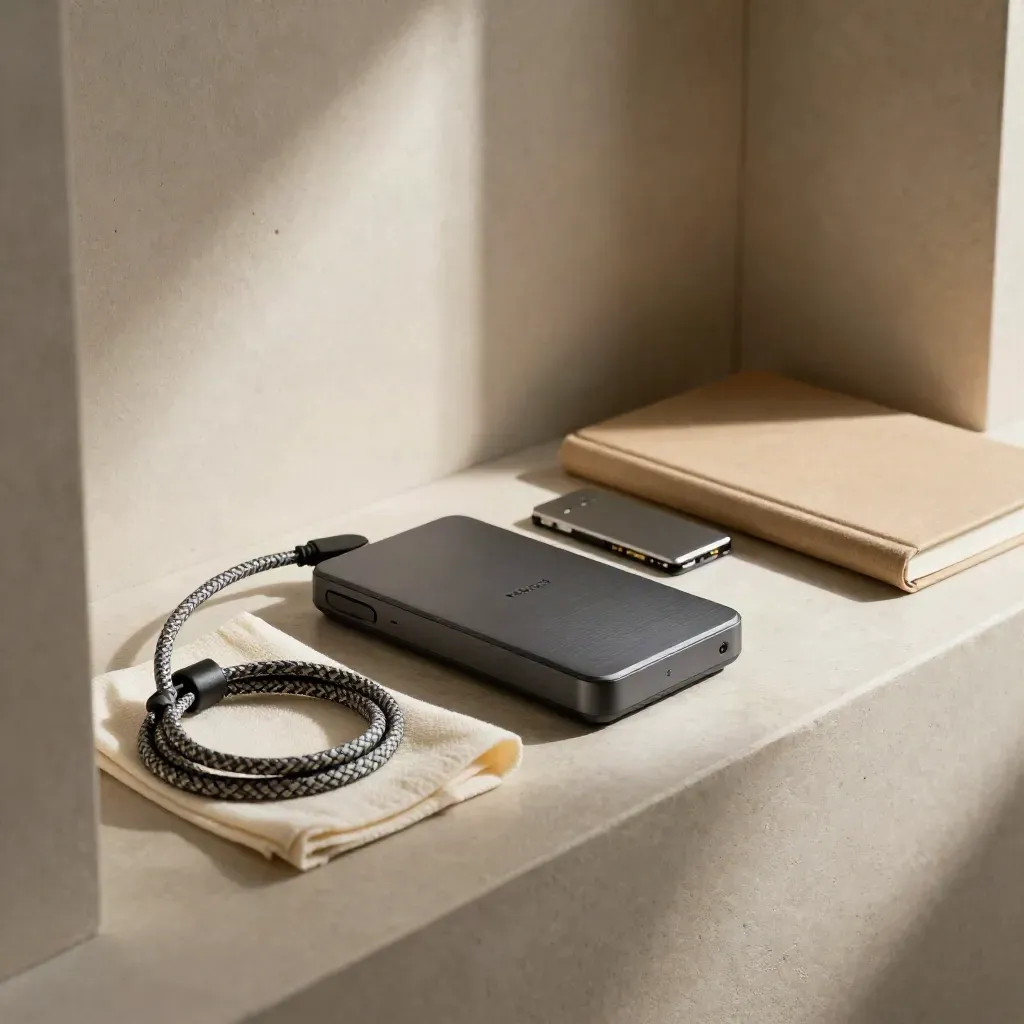 Tidy site-care kit with backup drive, braided cable, SSD case and cloth on a stone niche