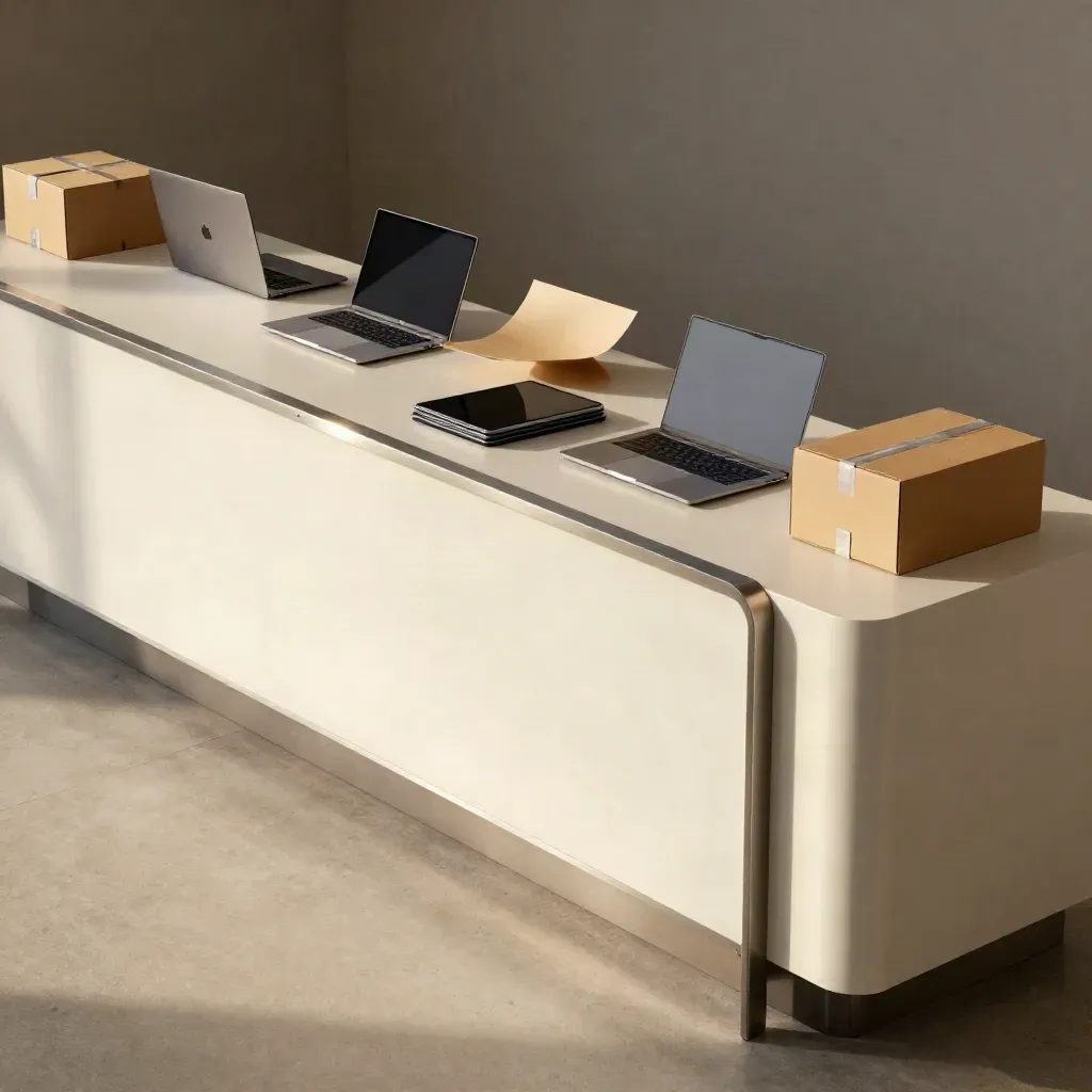 Closed laptops, face-down demo tablets, shipping boxes, and a lit reception plinth in a startup launch corner.