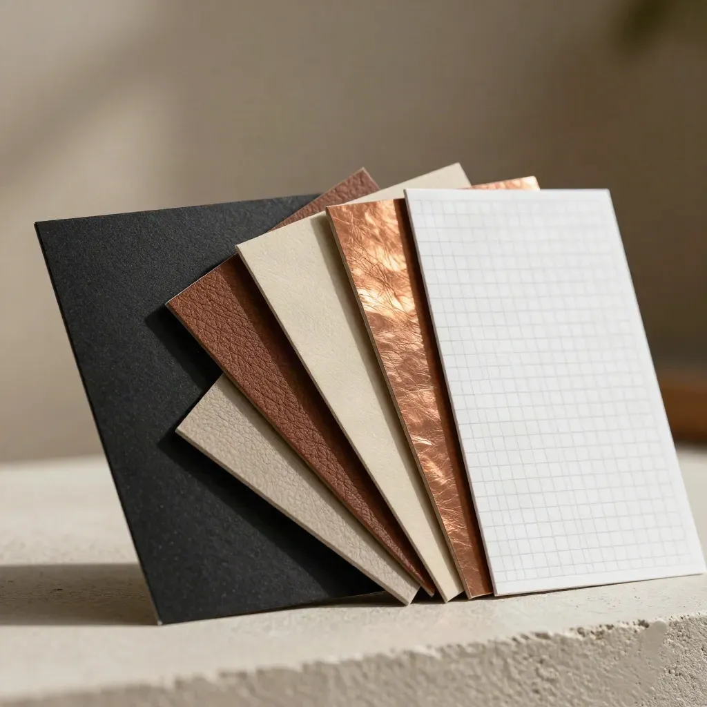 Black, cream, espresso and copper brand swatches fanned on a plaster ledge.
