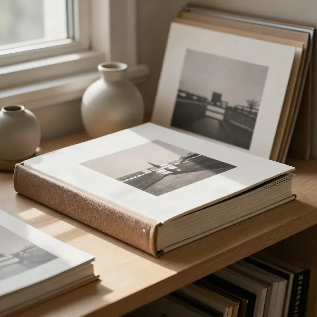 Portfolio book, art sleeves, ceramic vessel, and folders on a pale wood shelf.