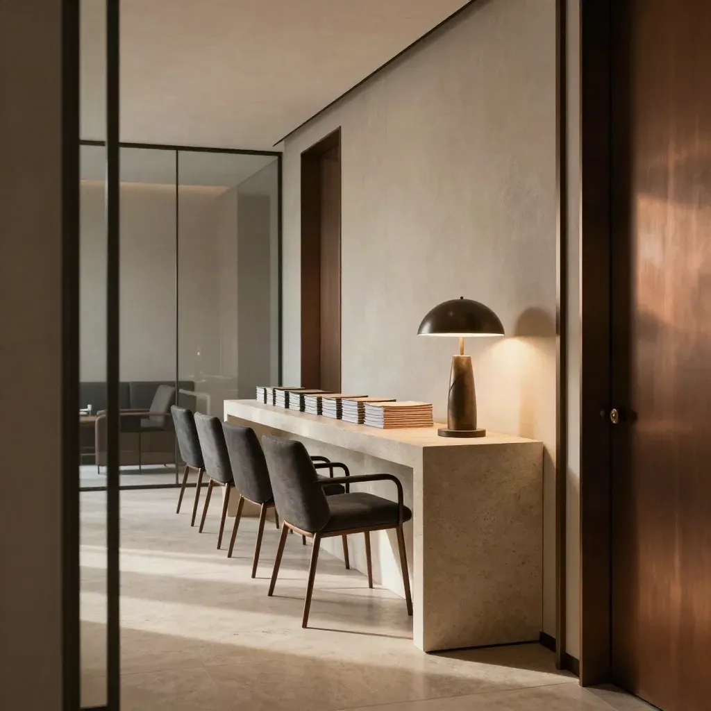 Moody office entry with chairs, stone console, bronze lamp, and stacked folders