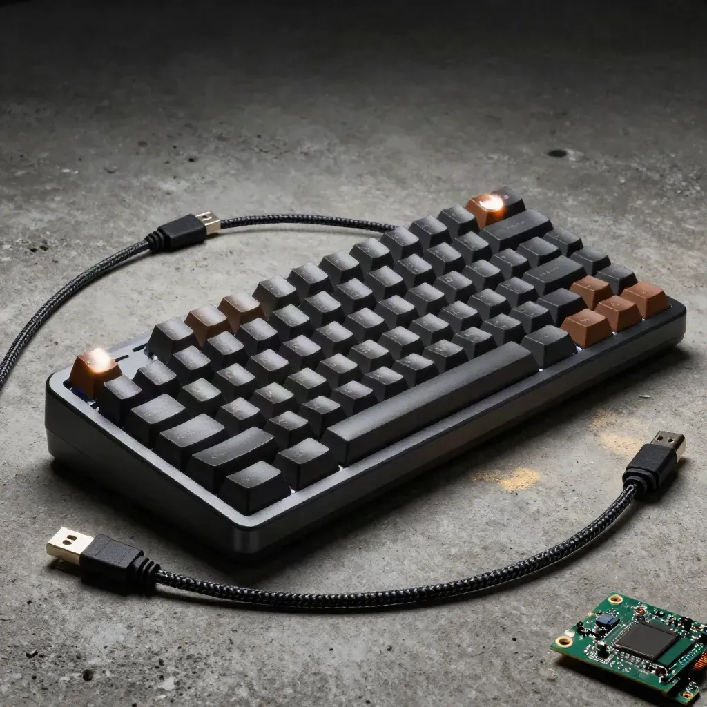 Mechanical keyboard, braided cable, PCB and metal parts on concrete in dramatic side light.
