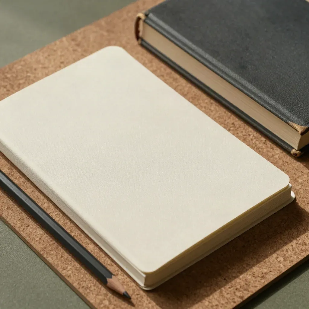 Cream notebook, pencil, tab cards and face-down reference book in soft editorial light