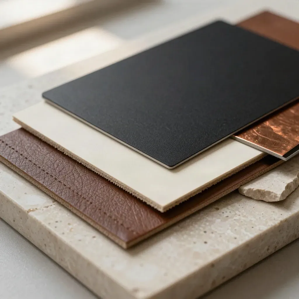 Extreme macro of black card, leather, paper, copper foil and stone on travertine.