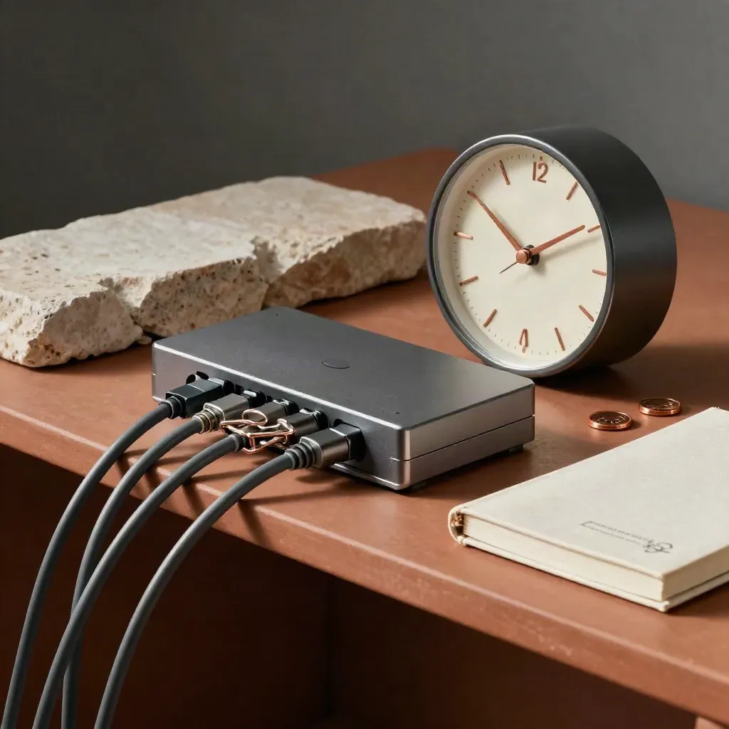 Project-control still life with clock, hub, notebook, clips and copper tokens on a terracotta shelf.