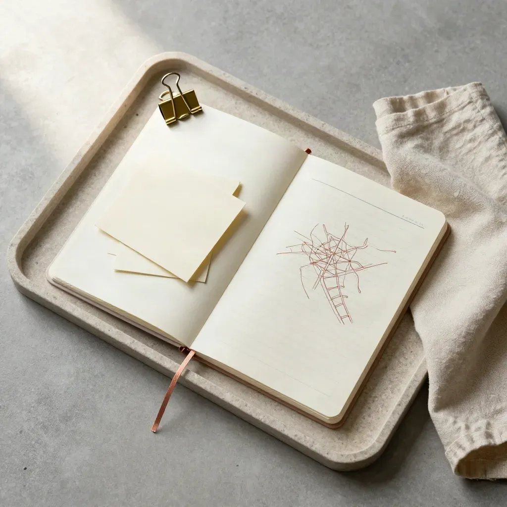 Overhead still life of notebook, note cards, brass clips, and string map on a stone tray