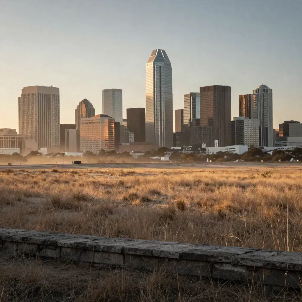 Dallas skyline at golden hour over prairie haze with open copy space