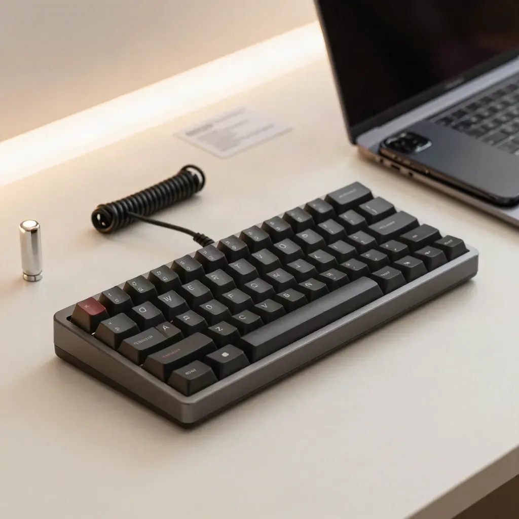Keyboard, tester light, ethernet cable and phone on a pale plaster sweep, lit softly from one side.