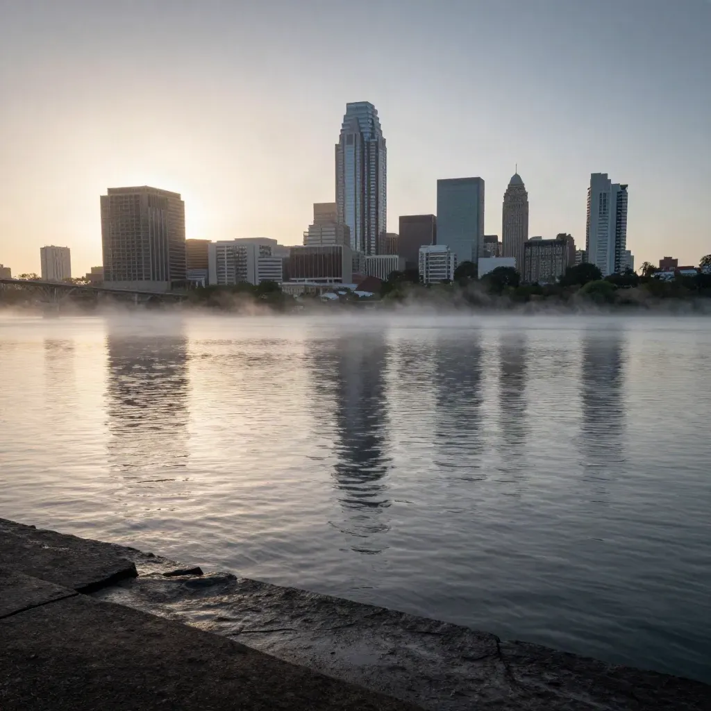 Austin skyline above a misty lake at sunrise, calm water and haze for overlay text.