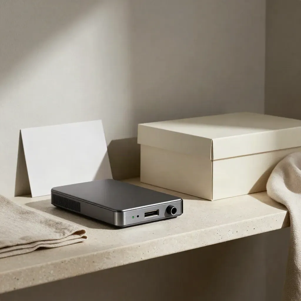 Cream stone shelf with backup drive, sealed box, status light, and folded dust cover.