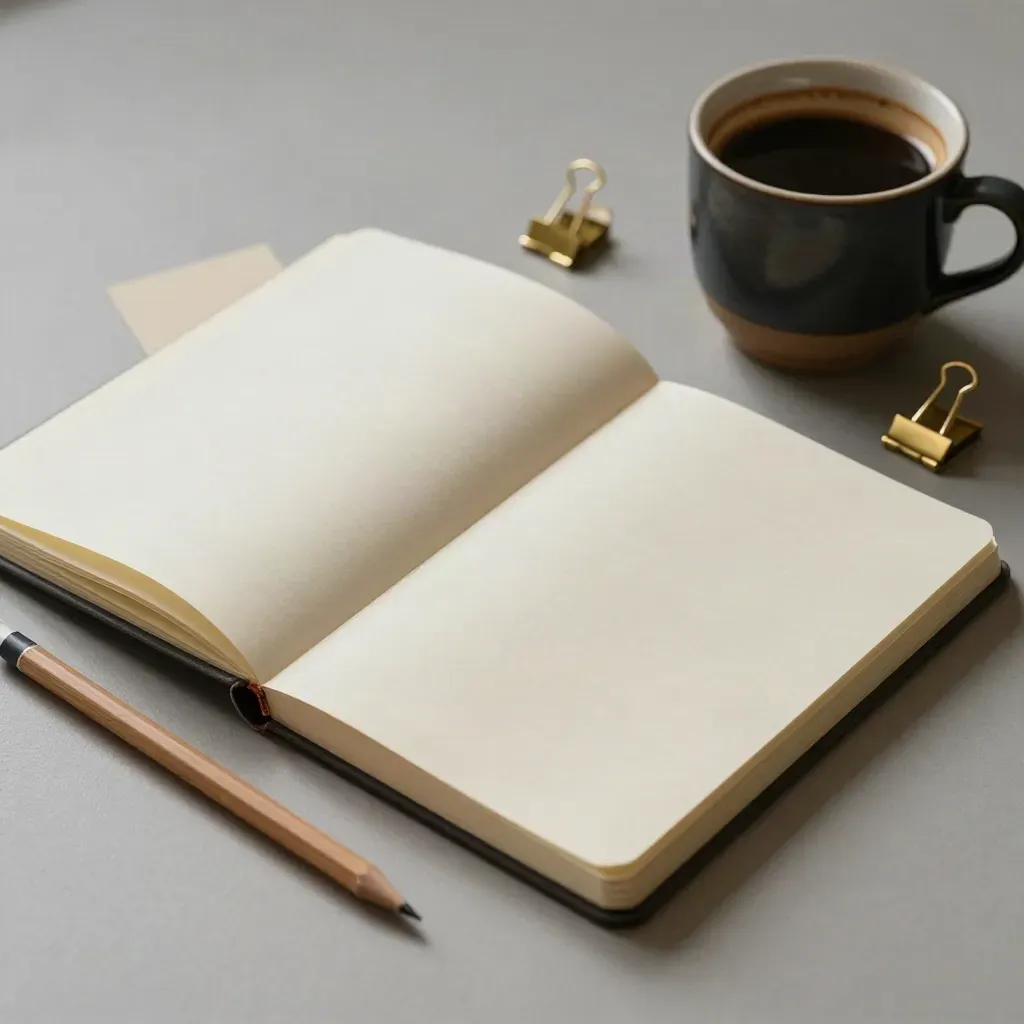 Cream accordion notebook, pencil, brass clips and dark cup on pale ash wood in soft side light.