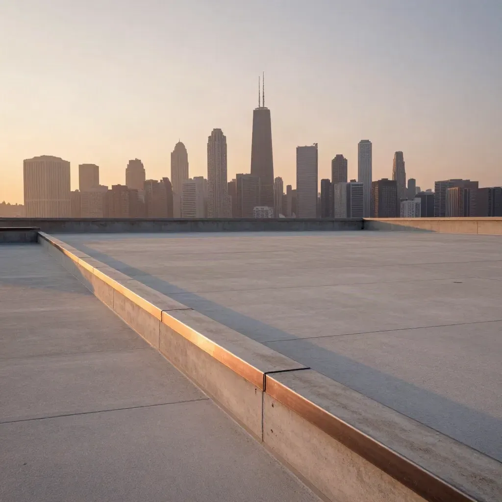 Dawn skyline over a hazy concrete rooftop with warm copper light and open sky.