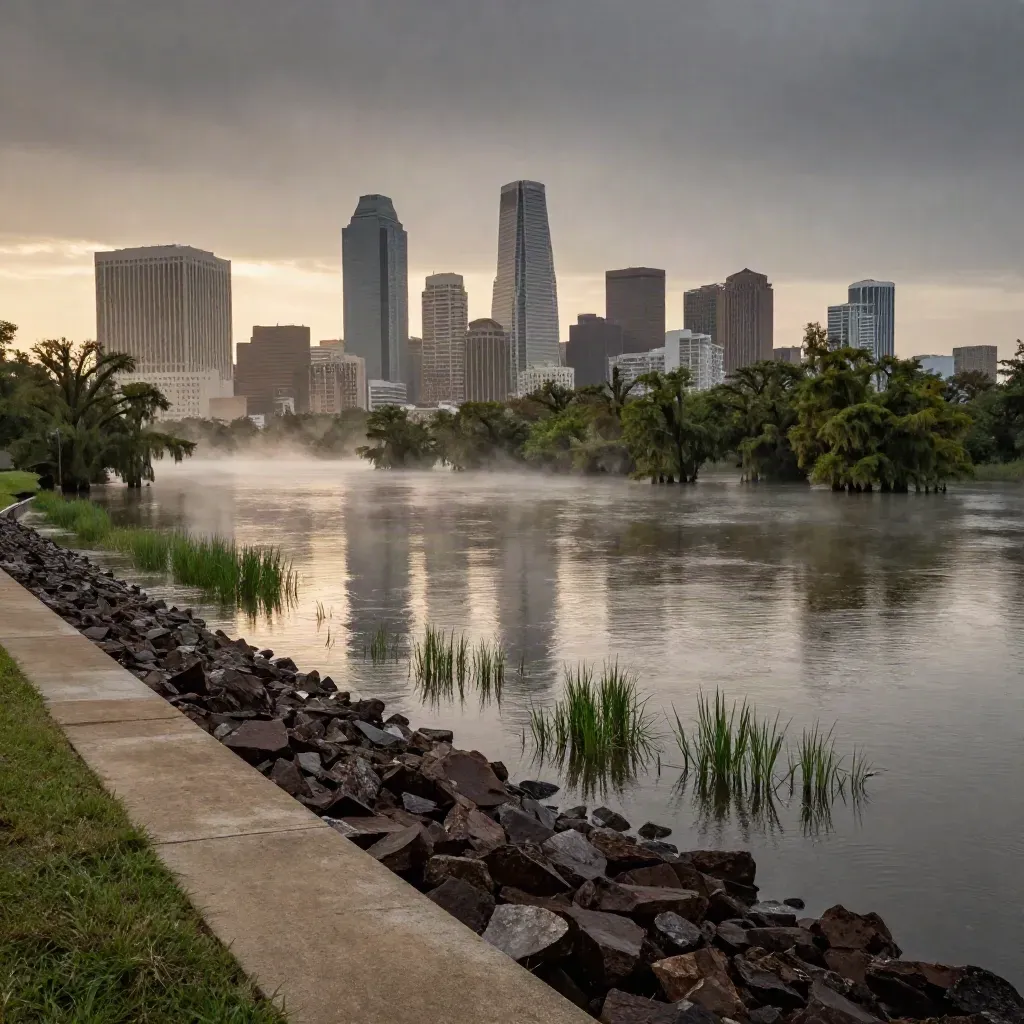 Houston skyline above misty bayou at blue hour after rain