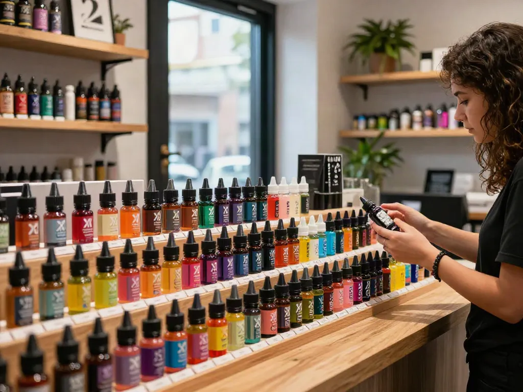 Dynamic display of 2x vape juice flavors in a vibrant shop, showcasing colorful bottles and inviting atmosphere.