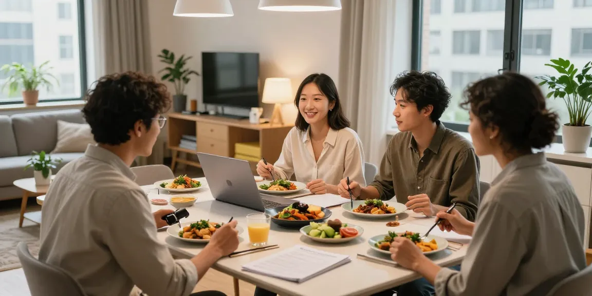 Gemütliche Monteurzimmer in Hannover, wo Fachkräfte gemeinsam essen und arbeiten, umgeben von stilvollem Ambiente und natürlichem Licht.