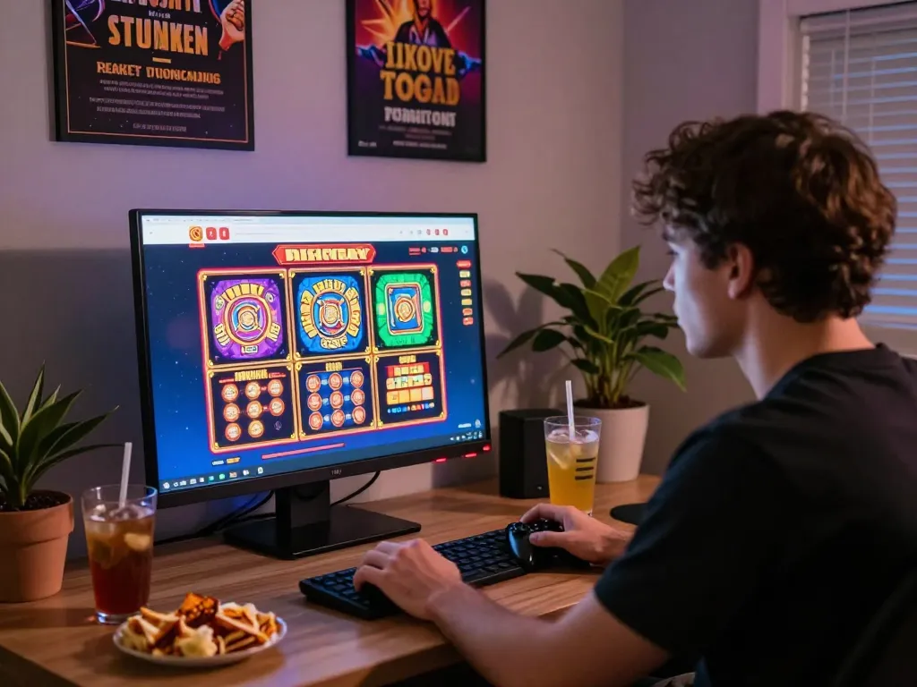 Player enjoying link gacor slot games at home computer desk, vibrant and engaging online gambling environment.