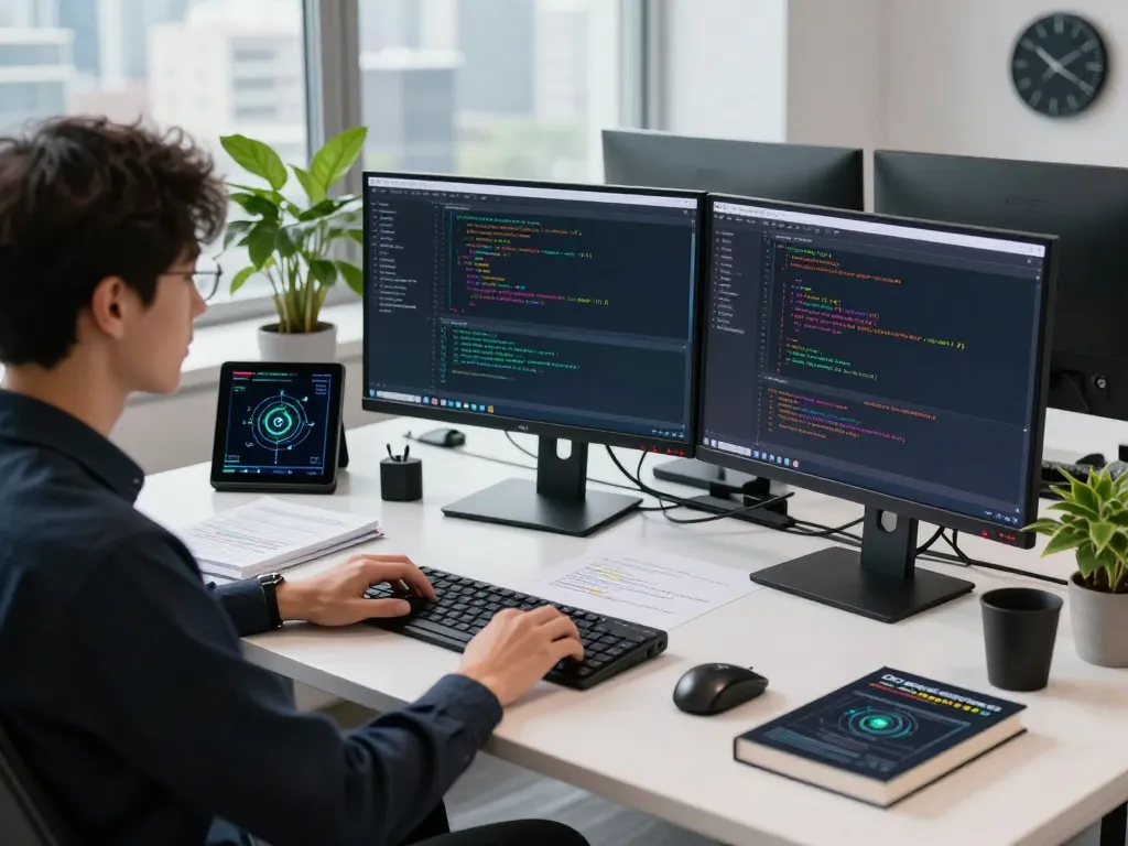 Developer coding smart contract mining solutions in a modern blockchain workspace, showcasing dual monitors and innovative tech.