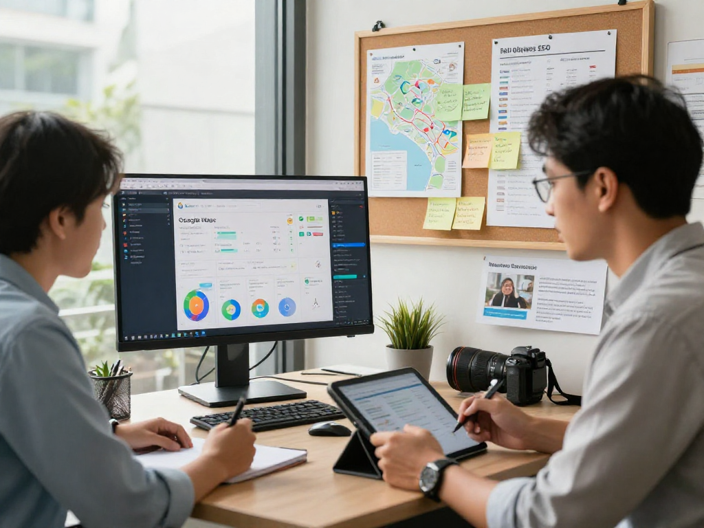 Operators discussing effective Google Maps SEO services in a modern workspace focused on local marketing strategies.