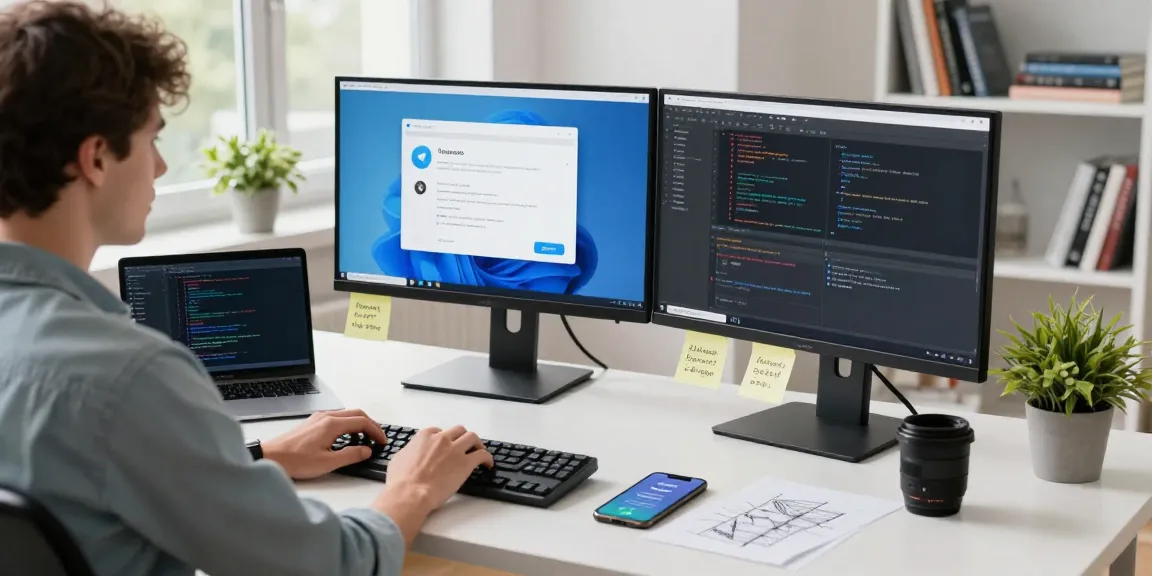Developer focused on Telegram user interface and coding in a modern workspace with dual monitors