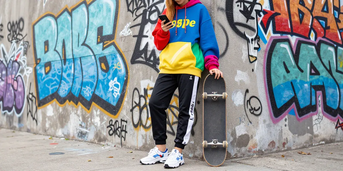 Stylish individual showcasing 레플리카 streetwear against vibrant graffiti wall, embodying youth fashion culture.